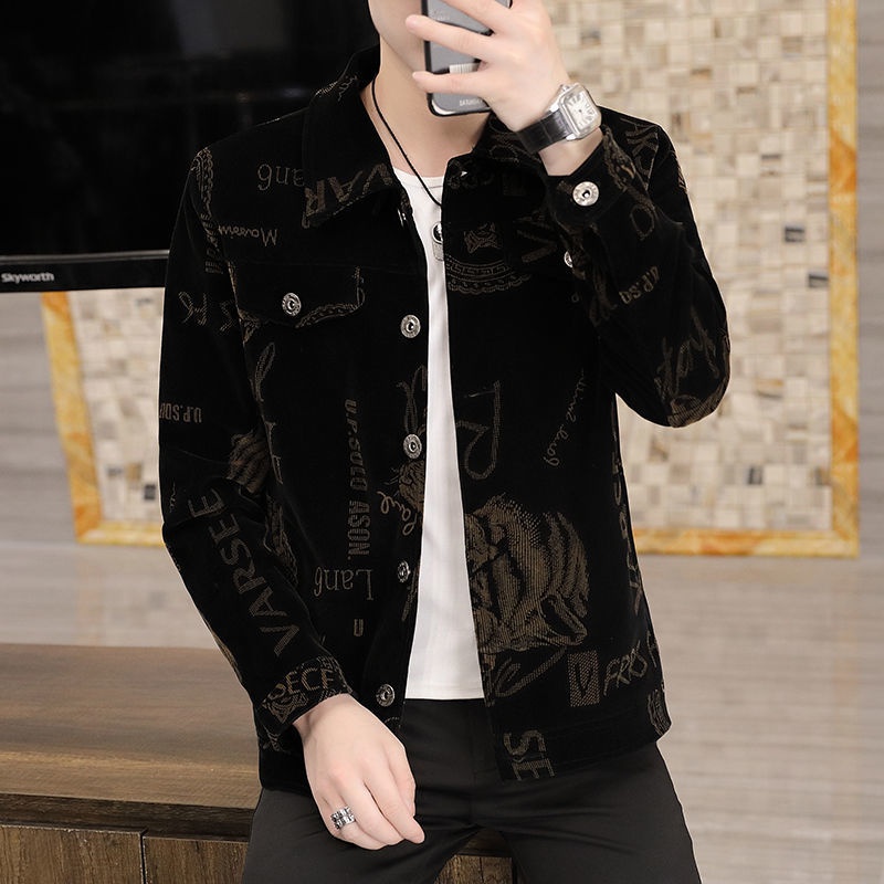 Áo khoác nhung in họa tiết phong cách xuân thu thời trang cá tính cho nam