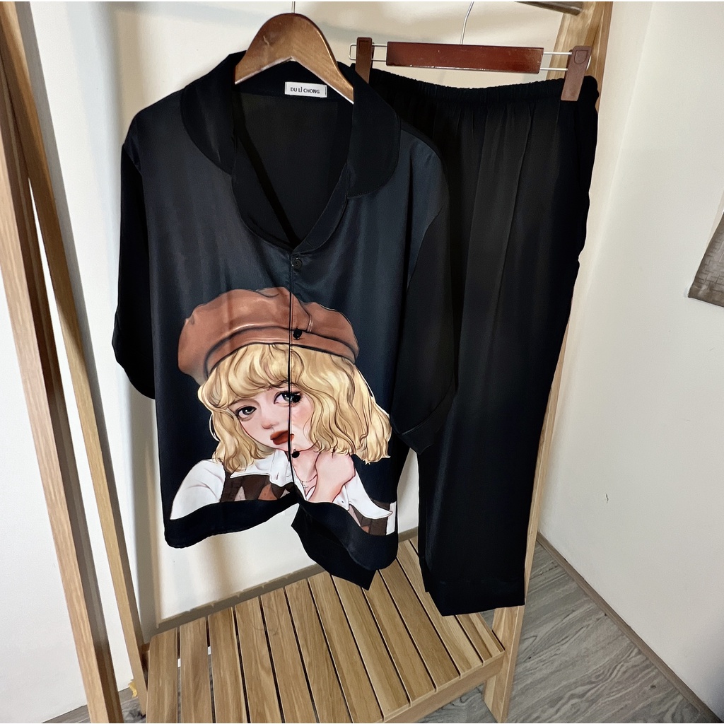 Bộ Pyjama bigsize cô gái mũ nâu cộc dài mặc nhà chất lụa Mango giá rẻ dành cho nữ, mẹ bầu 60 - 90kg