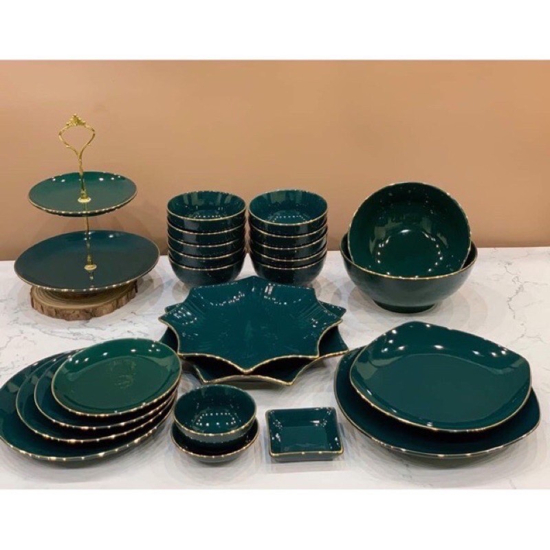 [GỐM SỨ BÁT TRÀNG] Bộ bát đĩa sứ xanh viền vàng kèm khay 2 tầng Bát Tràng