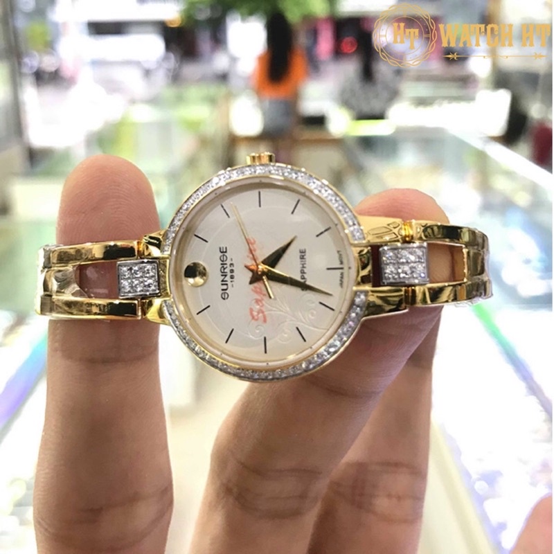 Đồng hồ nữ SUNRISE 9927SA trắng vành hạt full hộp chính hãng, kính Sapphire chống xươc