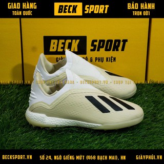 Giày bóng đá tq x 18+ nâu sữa gót trắng không dây tf