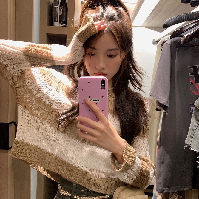 【ZHELIHANGFEI】Áo Dệt Kim Tay Dài Lưng Cao Kẻ Sọc Cá Tính Quyến Rũ Cho Nữ