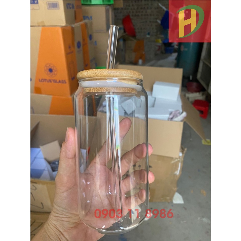 Ly Thủy Tinh Chịu Nhiệt có Nắp Tre và Có Ống Hút Thủy Tinh 500ml - Gia dụng Thu Hương