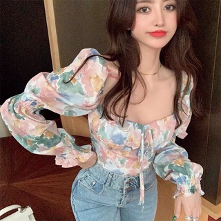 Áo hoa vintage chun lưng cổ rộng xinh xắn