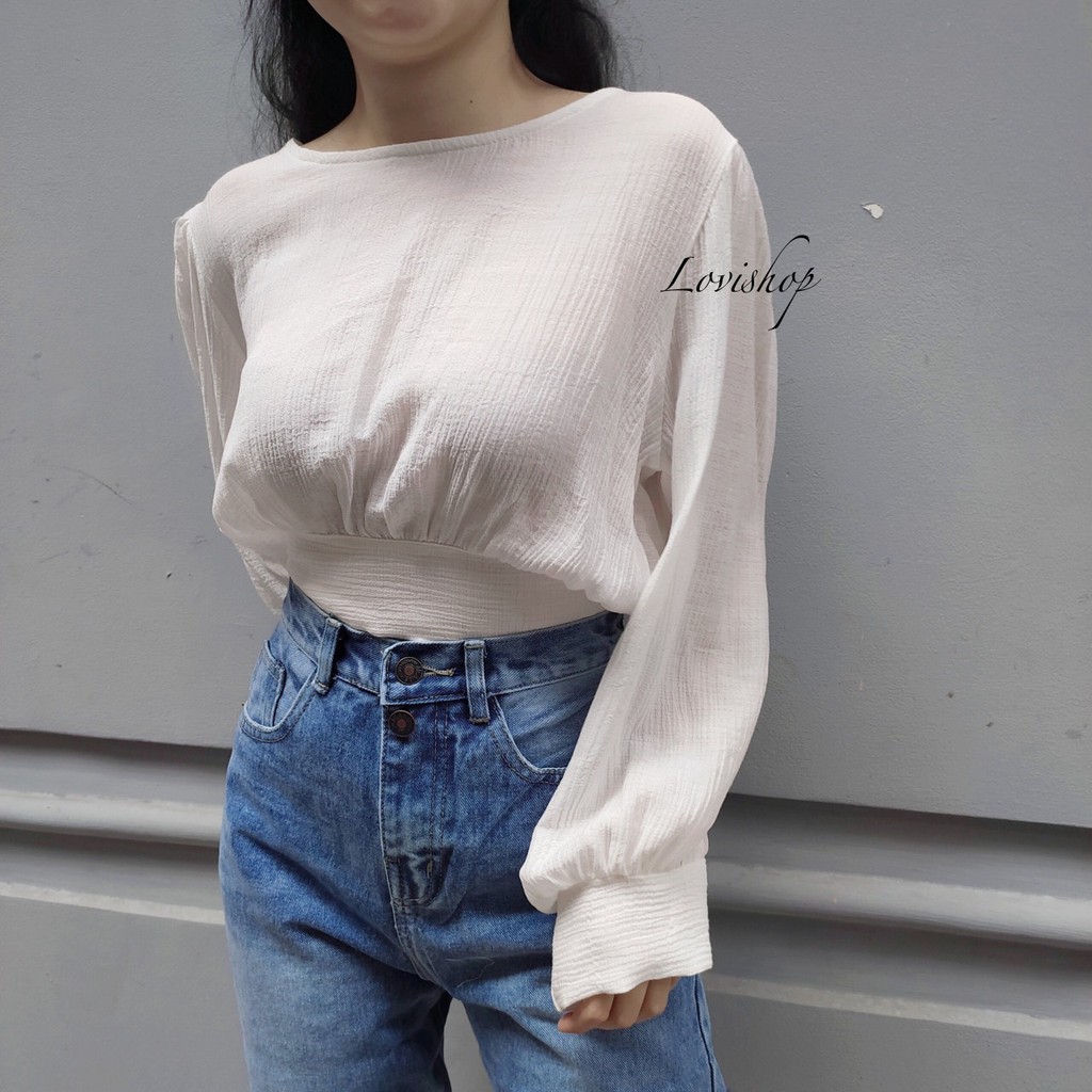 Áo croptop nơ sau tay dài nhiều màu Lovi