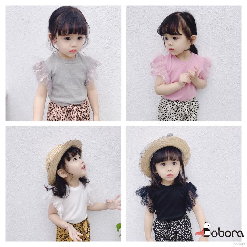 Áo thun cotton không tay phối ren hoa phong cách đáng yêu cho bé gái