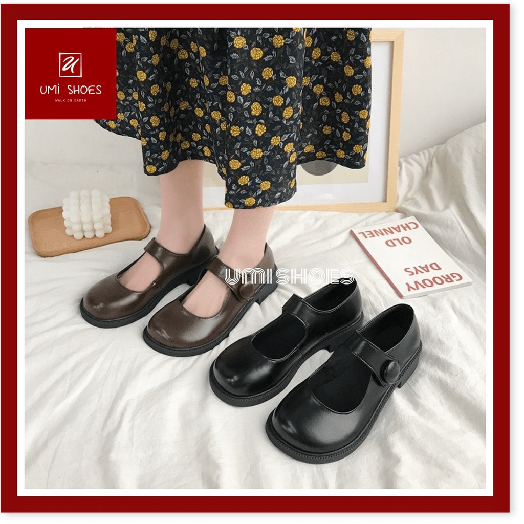 🆘 Giày búp bê Nhật bản nữ mũi tròn quai ngang cúc da mềm đơn giản đi học đi chơi màu đen/nâu mới hot đẹp xinh ☆╮𝕂ℍ𝕆 �