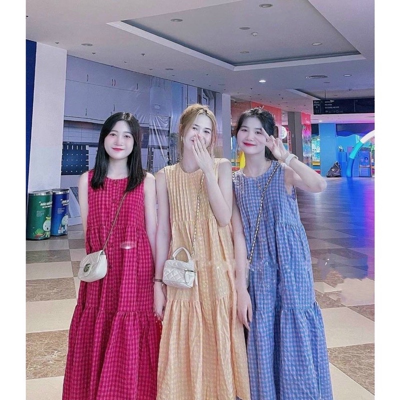 VÁY SỌC SÁT NÁCH BABYDOLL XOÈ FREESIZE HOẠ TIẾT CARO BẦU BÍ BON CHEN ĐƯỢC