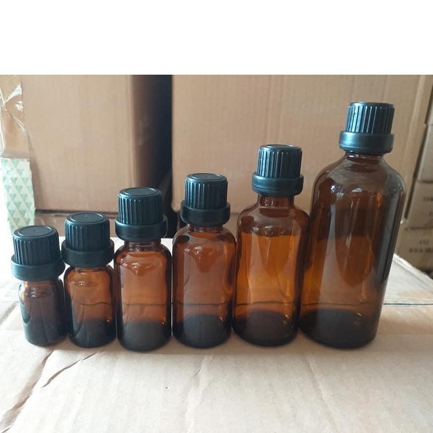 Lọ chiết tinh dầu nhỏ giọt thủy tinh màu nâu nắp đen nhiều cỡ 10ml, 20ml, 30ml, 50ml, 100ml