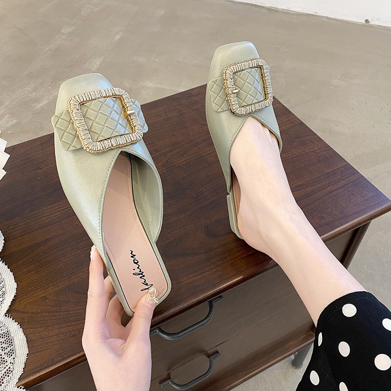 New Slippers Women's Outdoor Fashion Square Buckle Toe Cap Semi Slipper Summer Internet-Famous Slippers Casual Slip-on M