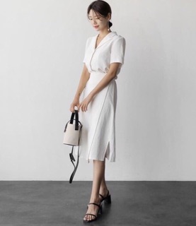 Đầm cổ vest, váy công sở màu trắng đắp tà (kèm hình thật)