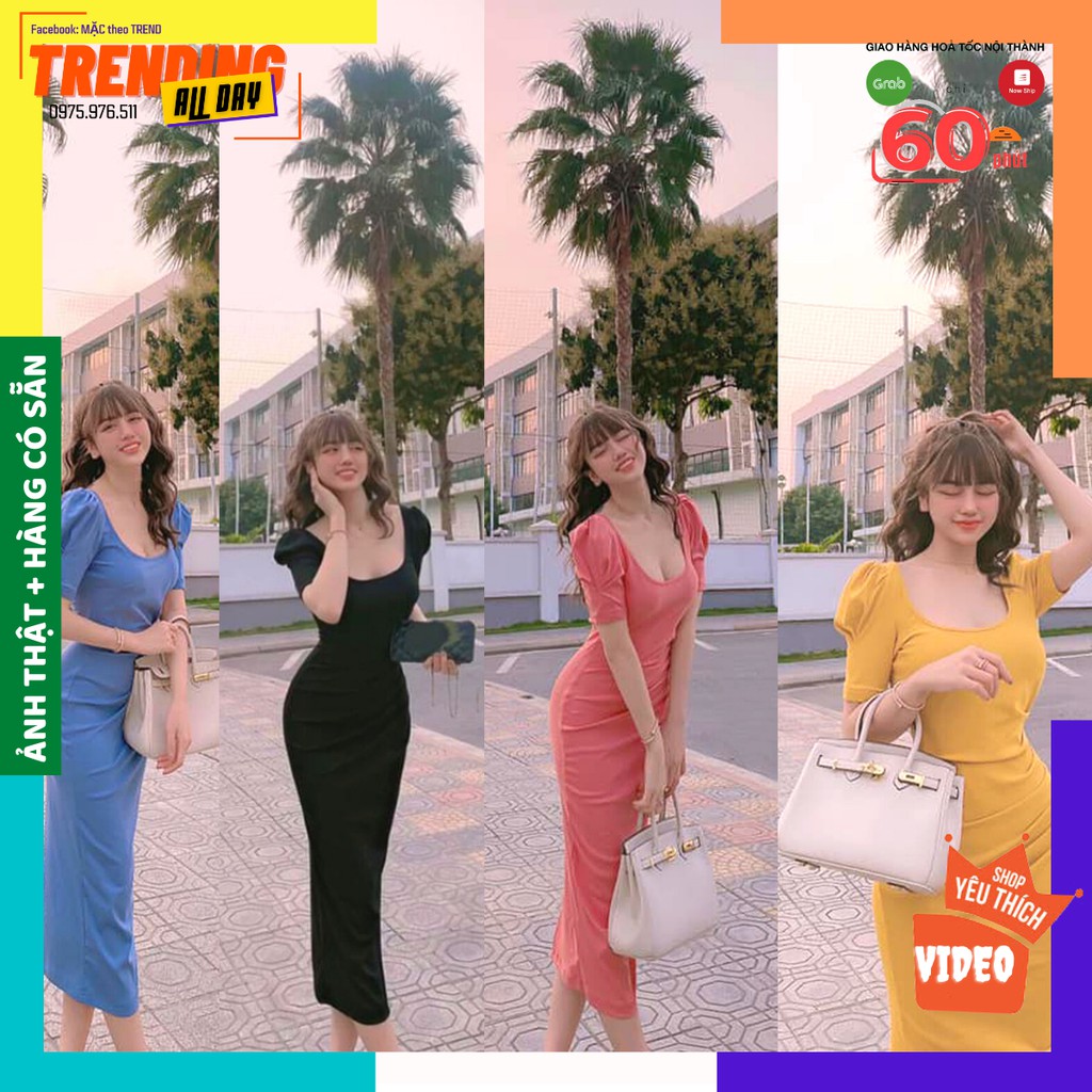 Đầm body dáng dài, đầm thiết kế cổ vuông tay phồng tôn dáng tôn da mặc bao chảnh bao sang