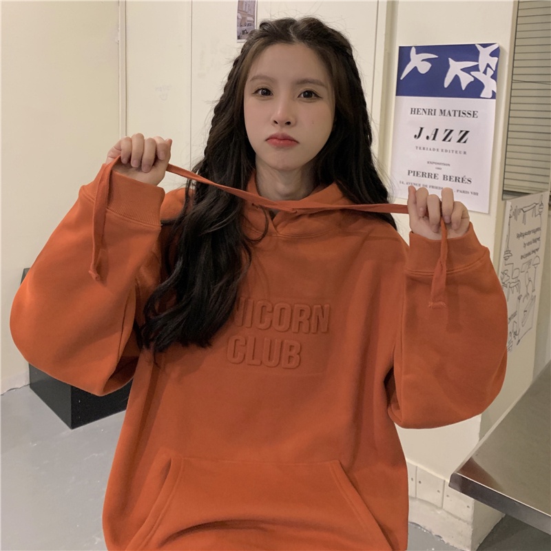 Áo hoodie dáng rộng tay dài vải nhung in chữ thời trang Hàn Quốc  | BigBuy360 - bigbuy360.vn