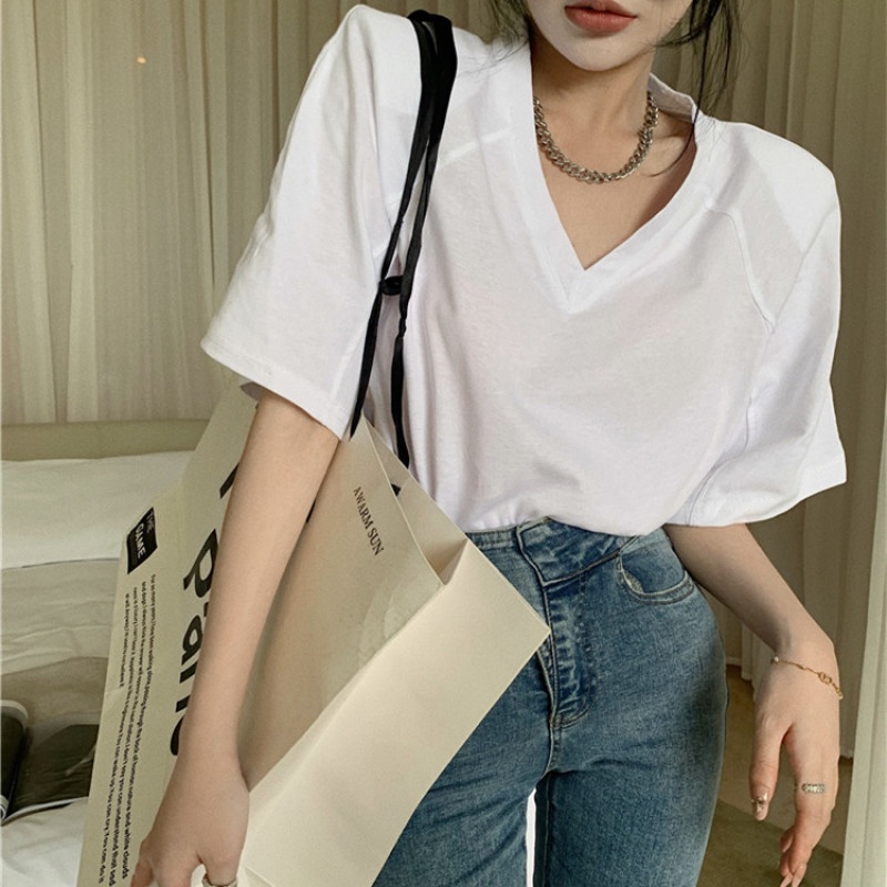 Áo Kiểu Tay Ngắn Cổ Chữ V Form Rộng Kiểu Dáng Đơn Giản
