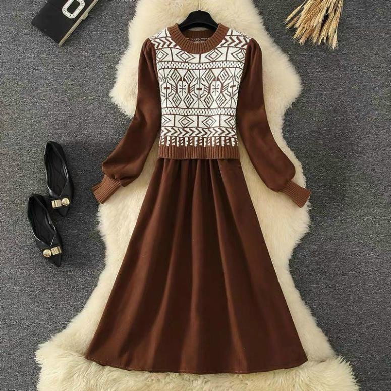 Váy nhung tiểu thư, váy len phối nhung họa tiết cực đẹp mặc là xinh chất len bao ấm hàng thu đông cao cấp | BigBuy360 - bigbuy360.vn