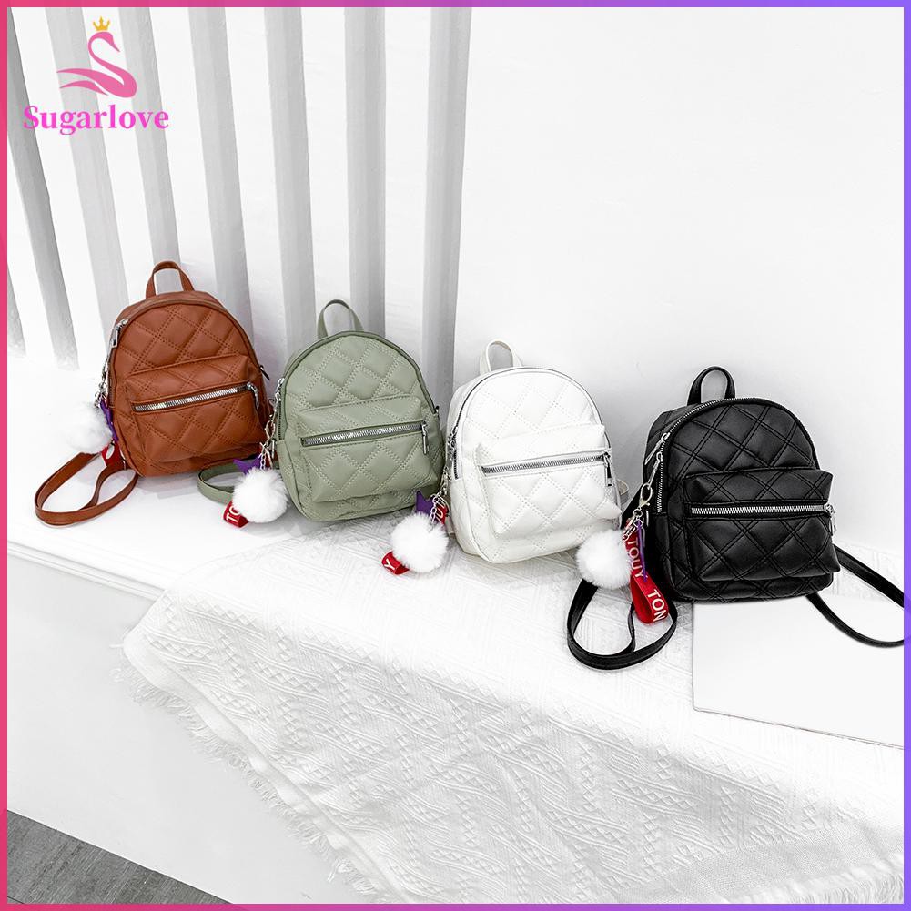 Beautiful※PU Leather School Backpack Lattice Pattern Women Pompom Shoulder Messneger Bags