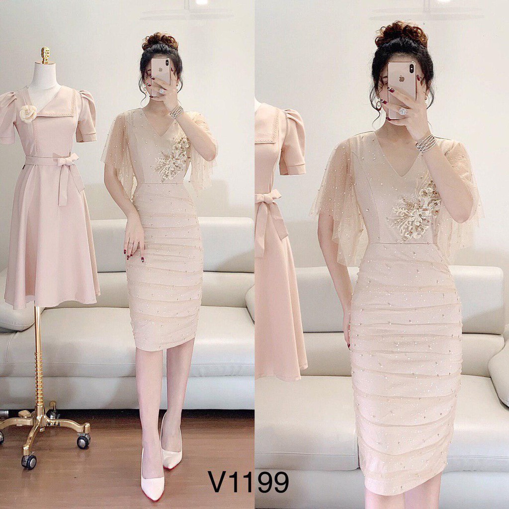 [ xả kho ] MiD Đầm nữ đính ngọc dáng ôm sang Mie Design V1199 _ Mie Design kèm ảnh thật