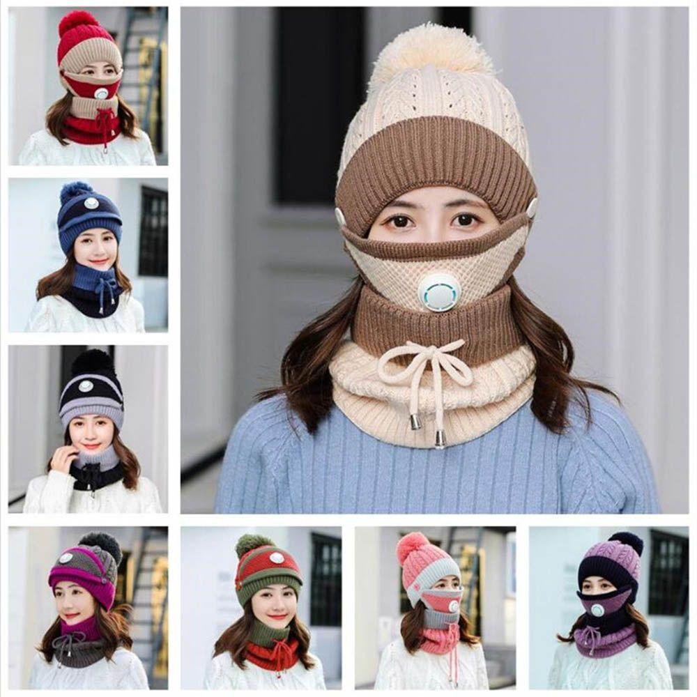 Set 3 Món Mũ Len + Khăn Choàng Cổ + Khăn Choàng Cổ Dệt Kim Giữ Ấm Khi Lái Xe