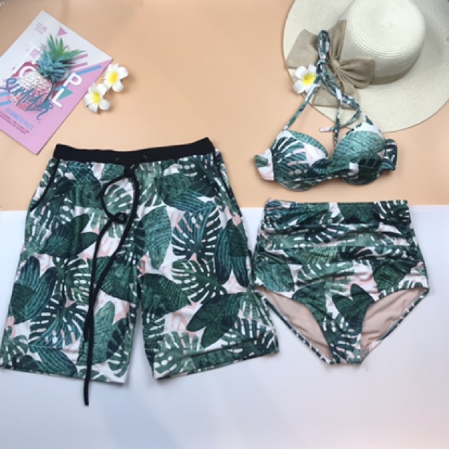 Bikini lưng cao áo crop nâng ngực lá xanh | BigBuy360 - bigbuy360.vn