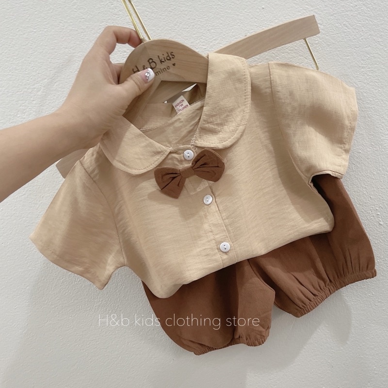 Set sơ mi tay ngắn bé trai đính nơ