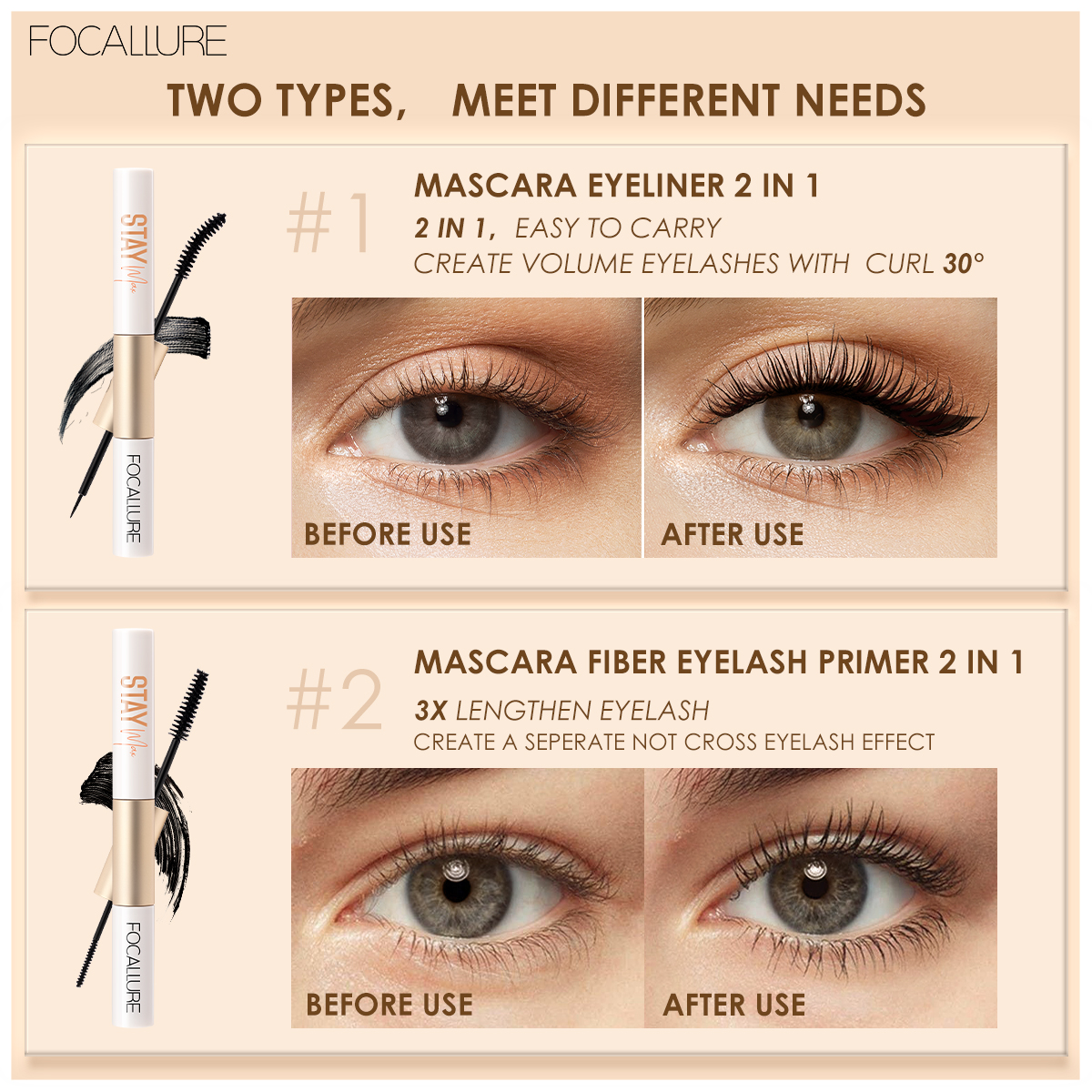 Mascara Và Sản Phẩm Trang Điểm Mắt 2 Trong 1 Tùy Chọn Chống Nước Lâu Trôi Thương Hiệu Focallure