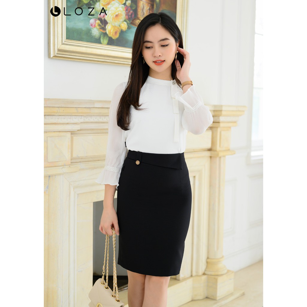 Áo sơ mi nữ LOZA phối tay dập ly trắng-LOZA LS01105