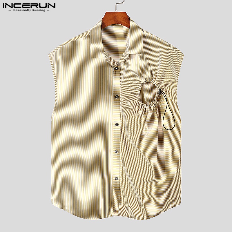 INCERUN Áo Sơ Mi Không Tay Họa Tiết Kẻ Sọc Thời Trang Mùa Hè Cho Nam