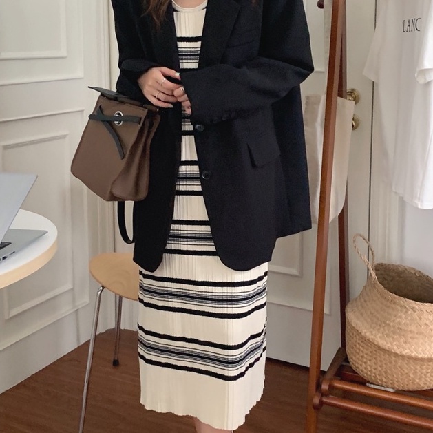 Đầm dệt kim ZHELIHANGFEI sát nách cổ tròn họa tiết sọc ngang thời trang trẻ trung cá tính cho nữ