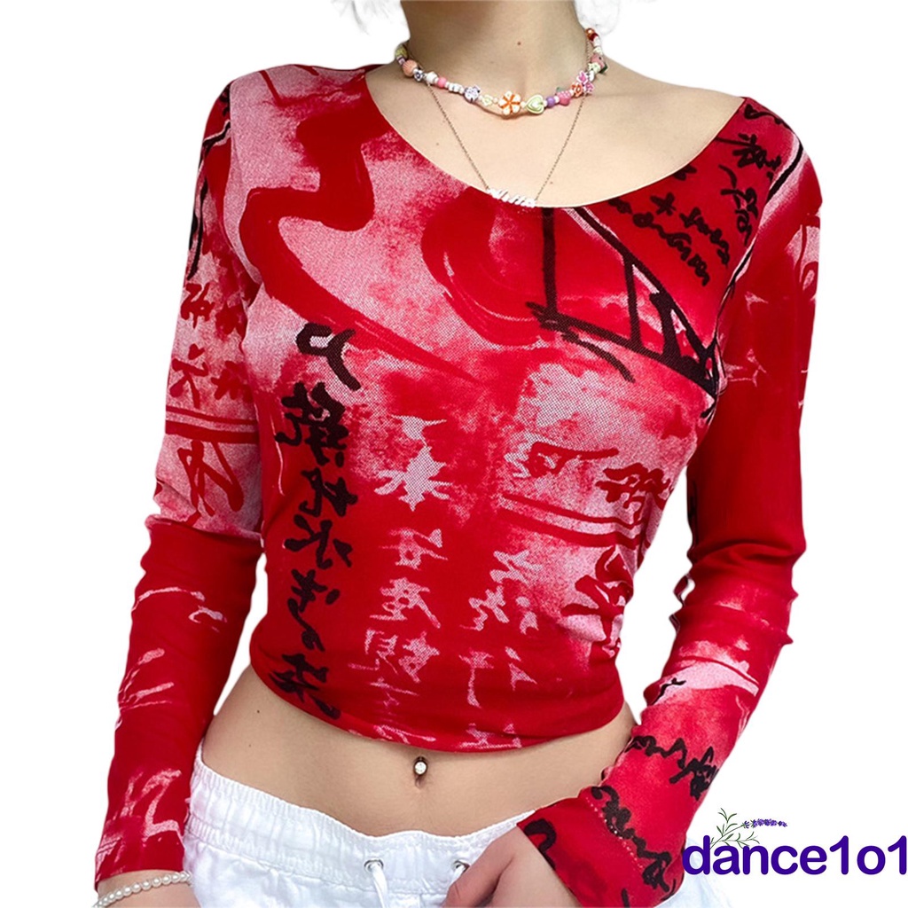 Áo Thun Nữ Tay Dài Ôm Dáng In Họa Tiết Graffiti Sành Điệu