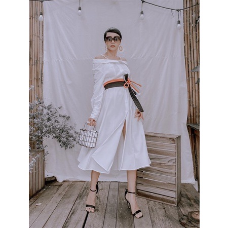 Đầm sơ mi xẻ tà đai cột MUSHOOM LEE 3 màu trắng đen cam