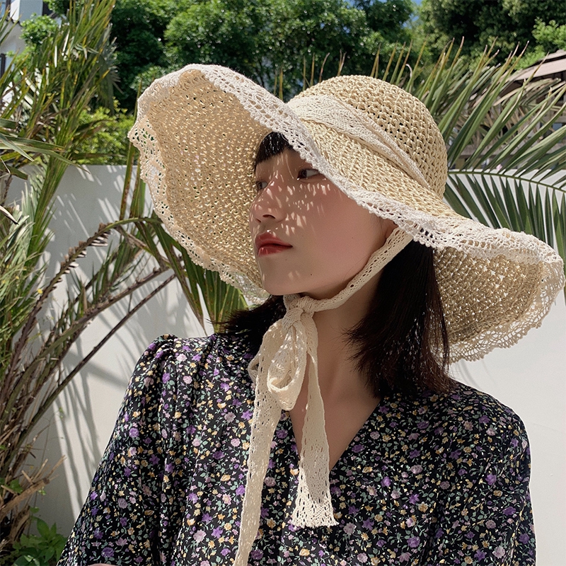 Mũ rơm rộng vành phối ren thoáng khí thiết kế phong cách Nhật Bản trẻ trung thời trang dành cho bạn nữ