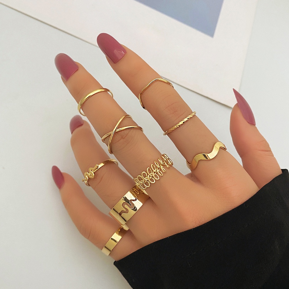 Set 9 Nhẫn Kim Loại Hoạ Tiết Hình Học/Rắn Sóng