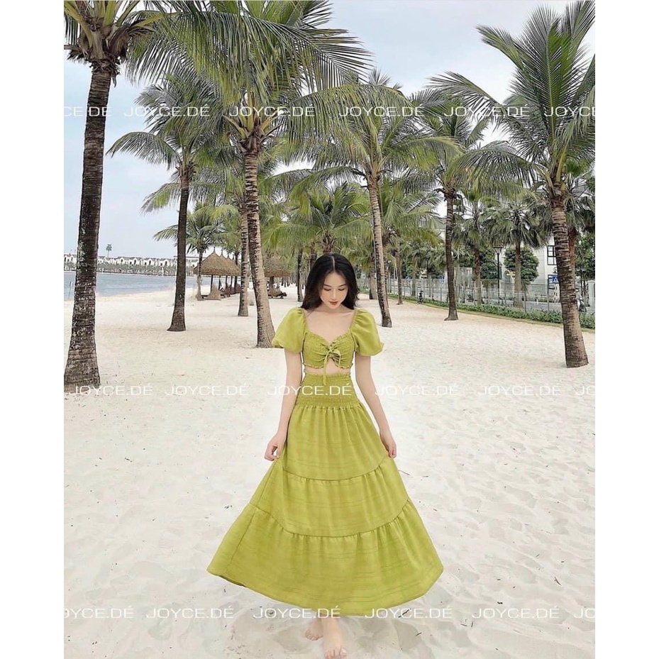 Đầm váy maxi đi biển đũi áo nhún xoè tay phồng set áo croptop tay bồng chân váy dài đi chơi đi biển xanh lá trắng hồng | BigBuy360 - bigbuy360.vn