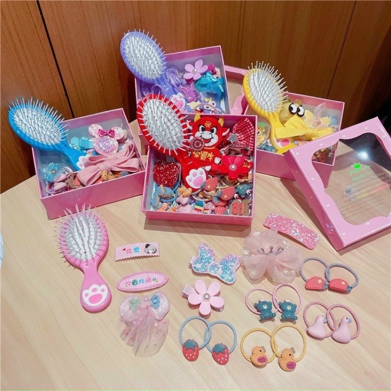 Sét dây chun buộc tóc, kẹp tóc kèm lược xinh xinh cho bé