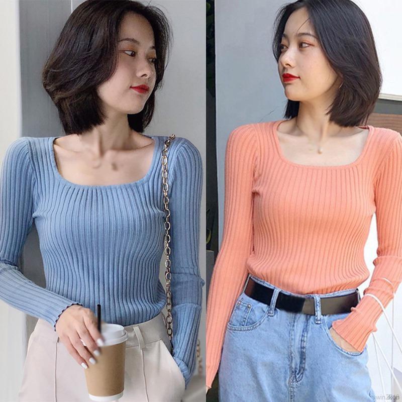 Áo dệt kim tay dài cổ vuông màu trơn kiểu dáng thời trang phong cách Hàn Quốc