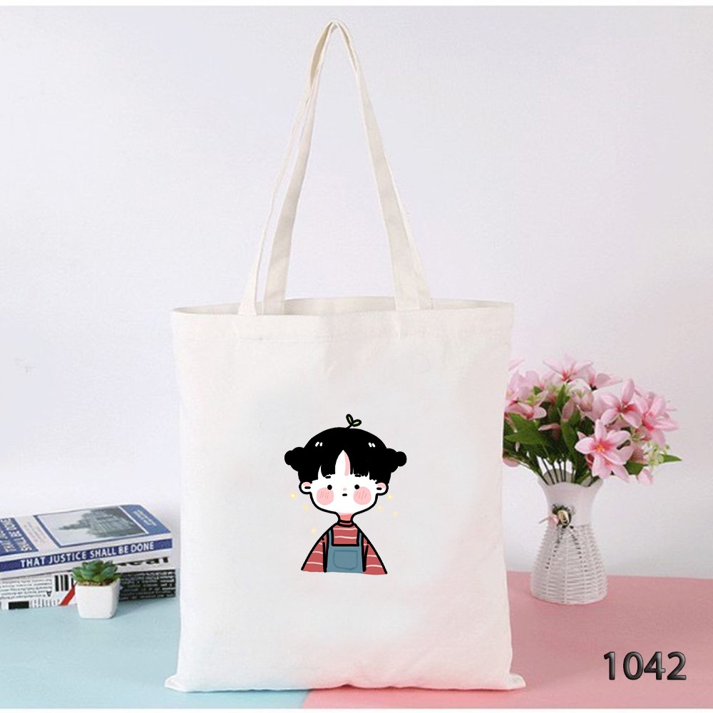 Túi Tote Vải Canvas Đeo Vai Đi Học Đi Chơi Đi Du Lịch 1042 In Họa Tiết Cô Bé Tóc Bối Dễ Thương