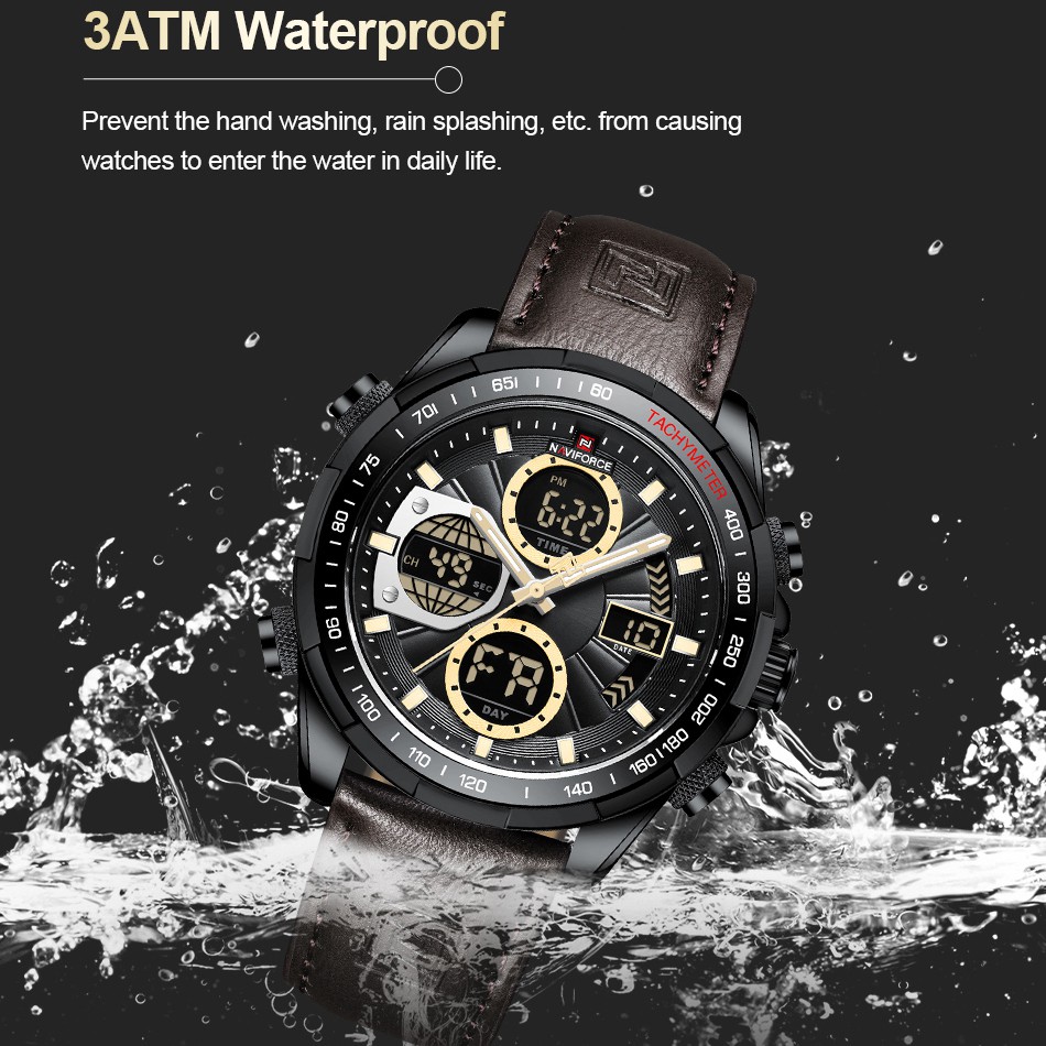 NAVIFORCE Đồng Hồ Đeo Tay Kỹ Thuật Số Dây Da Thật Chống Nước Màu Xanh Lá Phong Cách Doanh Nhân Cho Nam