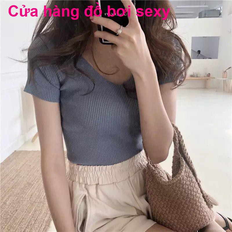 Áo phông lụa băng nữ mùa hè cổ chữ V ngắn tay xuân phiên bản mới của Hàn Quốc sơ mi đáy mỏng kết hợp tất cả len t