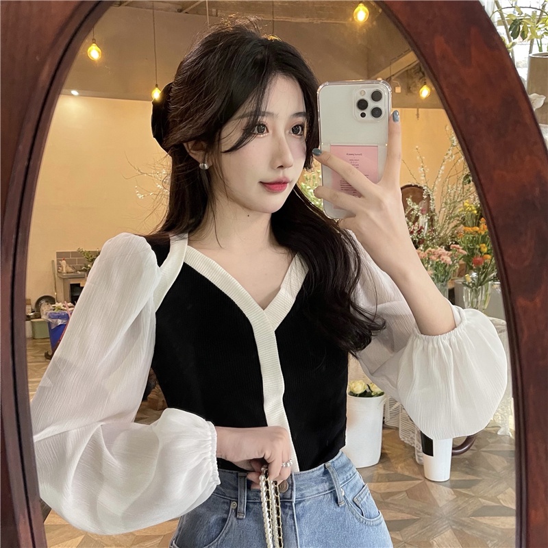 【ZHELIHANGFEI】Áo Chiffon Dệt Kim Tay Phồng Cổ Chữ V Hở Xương Quai Xanh Sang Trọng