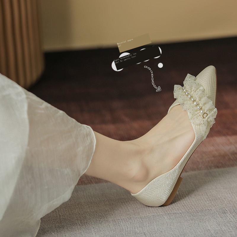 Giày Búp Bê Mũi Nhọn Đế Bằng Đính Ngọc Trai Thời Trang Xuân Thu Hàn Quốc Hàng Mới 2022