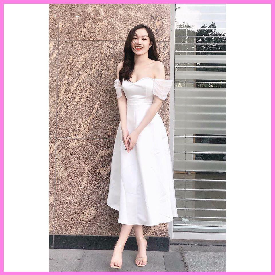 Đầm dự tiệc cúp ngực trễ vai dáng dài - Viva Dress [ Váy trắng dự Tiệc ]