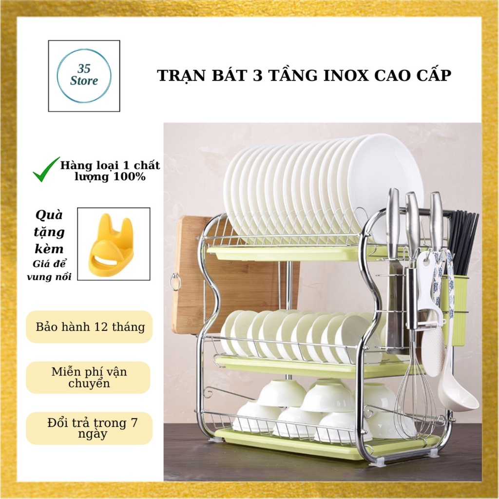 Giá để bát đĩa 3 tầng kết hợp để dao thớt có khay hứng nước/Kệ úp chén bát Inox 304 hình chữ B siêu gọn đa năng