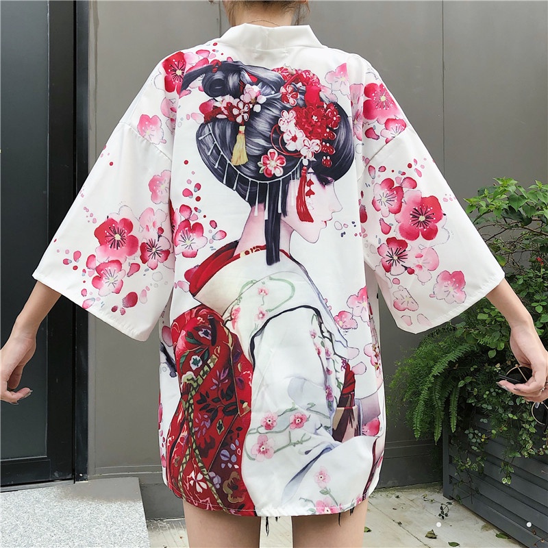 Áo Khoác Kimono Dáng Rộng Thời Trang Harajuku Nhật Bản Mùa Hè Màu Trắng Đen Giản Dị Dành Cho Bạn Nữ Mặc Hóa Trang