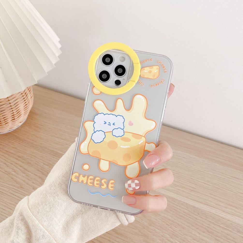 Ốp lưng iphone cạnh vuông trong kèm iring camera gấu phô mai 7plus/8/8plus/x/xs/11/12/pro/max/plus/promax DT10