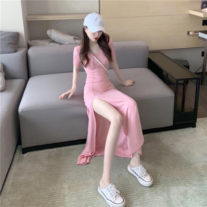 [Order] Váy body xẻ tà dáng dài đi tiệc. Đầm thun ôm body tay ngắn