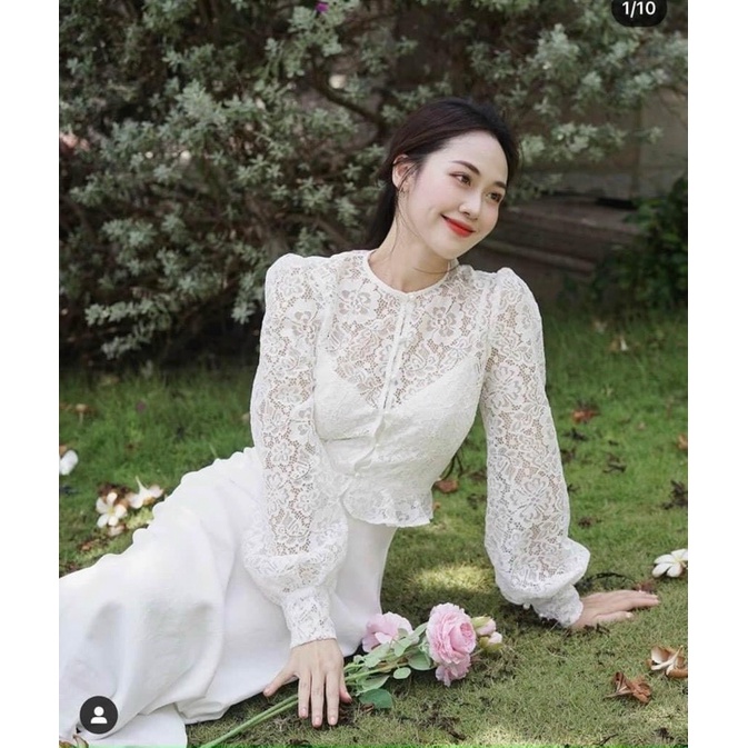 Đầm midi hoa trắng nơ cổ tay phồng,đầm nữ tiểu thư siêu sang xinh