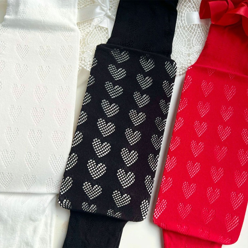 Tất Lưới Dài Qua Gối Vải Satin Phối Bèo Họa Tiết Trái Tim Phong Cách Gothic Nhật Bản