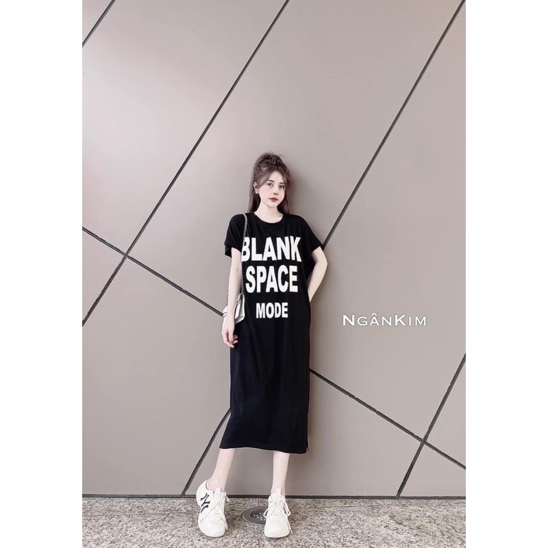 ĐẦM NỮ-Váy suông cotton dáng dài 1m in chữ "BLANK"