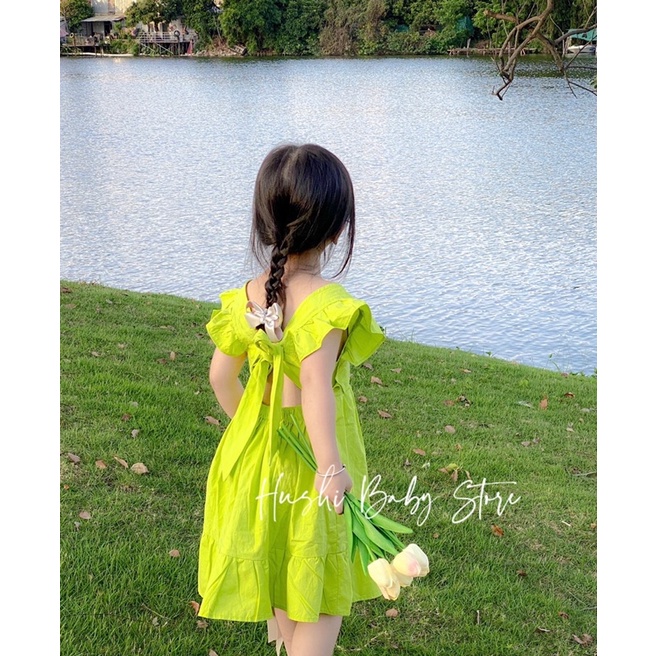 Váy bé gái YUMI DRESS cột nơ xinh xắn mẫu mới 2022 hot trend xanh cốm