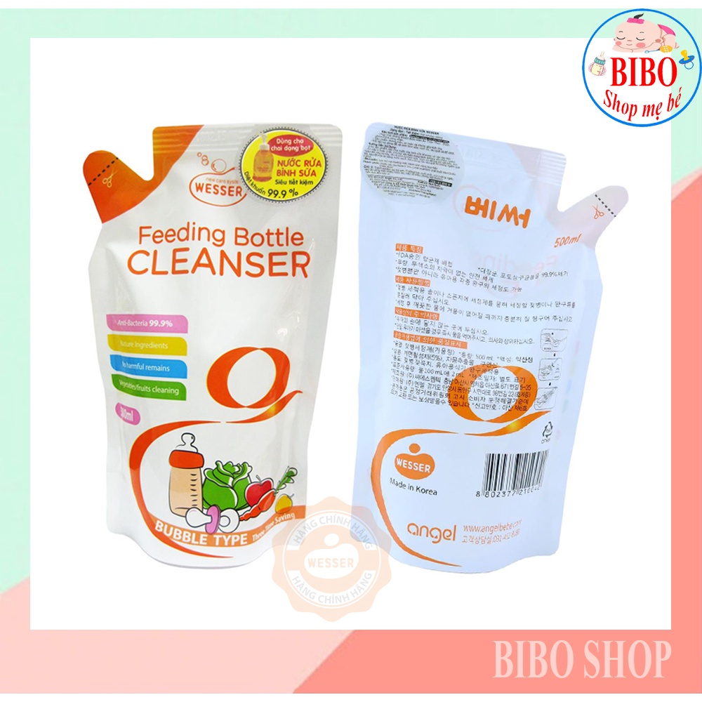 [Mẫu mới] Nước Rửa Bình Sữa Wesser Rửa Rau Củ Và Phụ Kiện, An Toàn Cho Bé 500Ml Dạng Túi